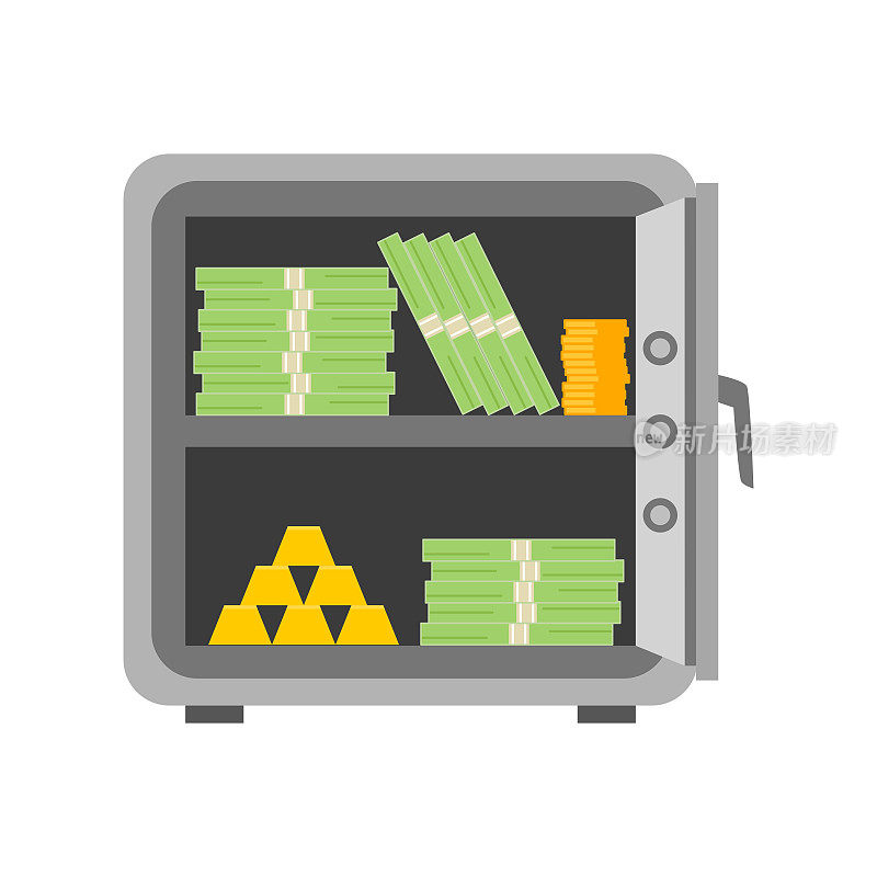 Opened money safe deposit box with banknotes and golds inside flat design. Safety savings.